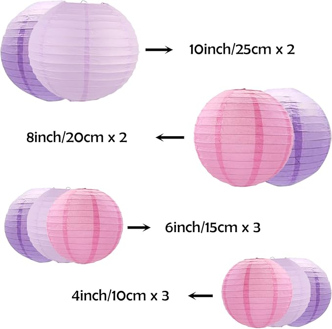 ZOOYOO 10Pcs Paper Lanterns,Pink Purple Round Hanging Tissue Paper Lanterns Decorations for Birthday,Wedding,Baby Shower,Theme Party Garden Home Decor