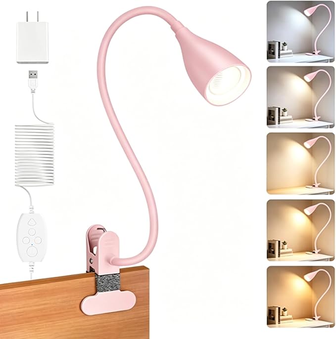 Reading Light for Book in Bed,Clip on Light Reading Lamp with Adapter Pink | 5 Color Modes 10 Brightness, Flexible Eye-Caring Clip on Desk Lamp Book Light for Reading in Bed Headboard Bedside Bedroom