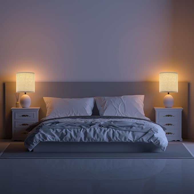 17.3" Table Lamp Set of 2 for Living Room Bedroom, Bedside Lamps for Night Stands, Desk Nightstand Lamp Dimmable, Modern Linen Cream Ceramic Lamps (White-B)