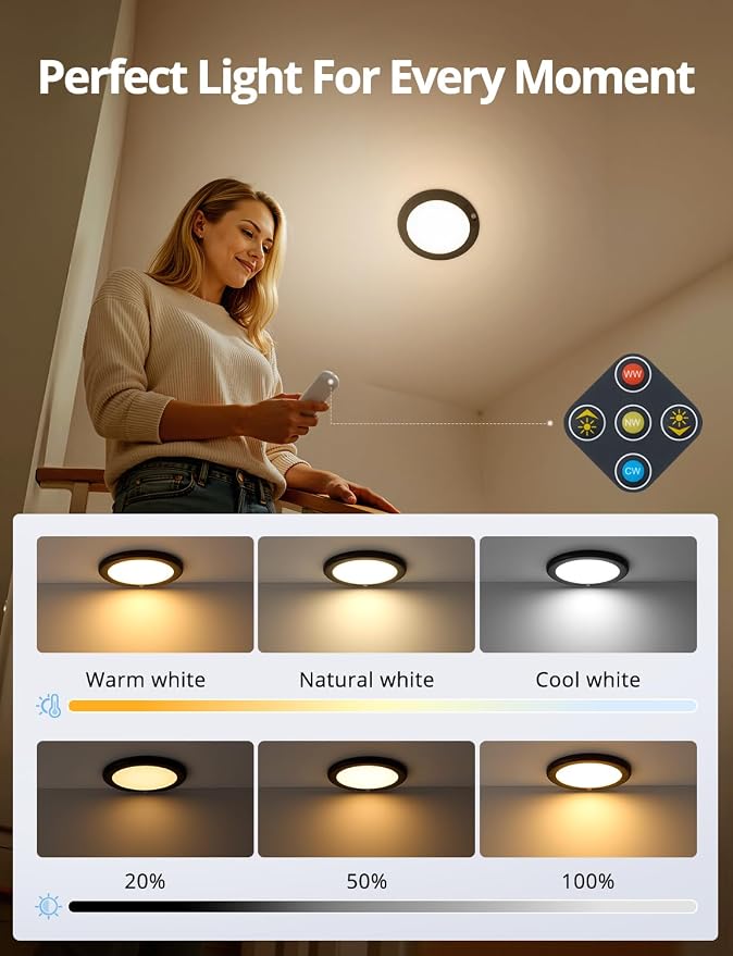 2 Pack Black Operated Battery Powered Motion Sensor Ceiling Lights Wireless, Rechargeable 60 Day Battery Life Waterproof Inside Shower Lighting with Remote Magnetic No Wiring for Garage Closet