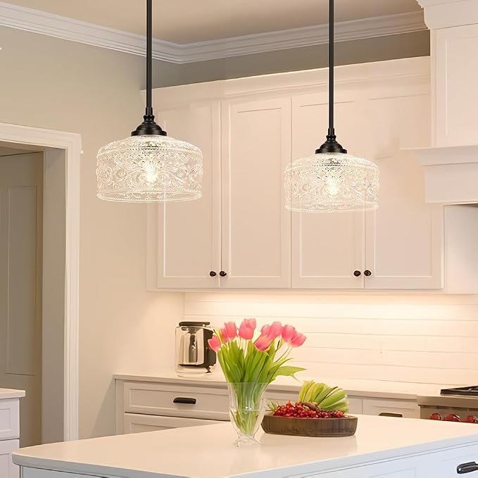Daunton Black Vintage Pendant Lights Kitchen Island with Glass Over Sink | Adjustable Height Kitchen Light Pendant,Bathroom Pendant Light,Dual Mount Ceiling & Hanging Fixtures, 90° Swivel for Home