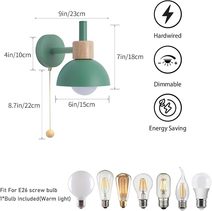 Pull Chain Wall Sconce for Bedroom, Vintage Bedside Wall Lamp with E26 Socket, Wall Lighting for Kids Room Hallway Boys Girls (Green)