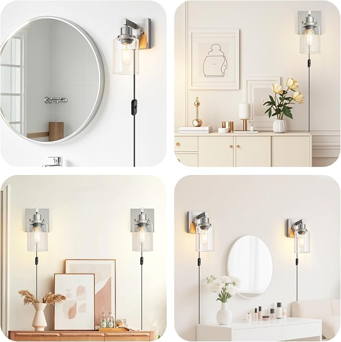 Plug in Wall Sconces Set of 2, Modern Corded Wall Sconce, Bedroom Wall Sconces with Clear Glass, Wall Decor Set of 2 Brushed Nickel Wall Lamps for Bedroom Living Room