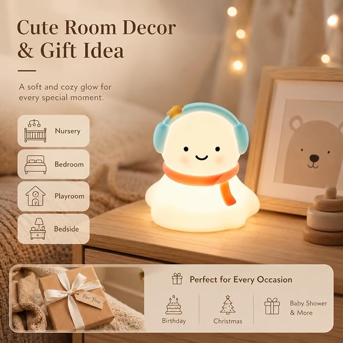 Snow Baby Night Light for Kids, Silicone Squishy Lamp, 3-Level Dimmable Touch Bedside Light, USB Rechargeable Nursery Lamp for Baby Bedroom, Birthday Christmas Gift
