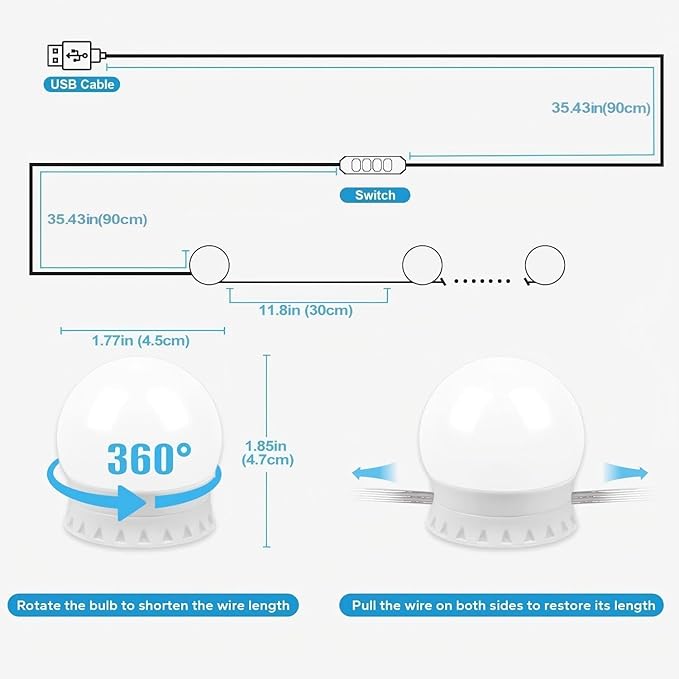 Vanity Lights for Mirror, Hollywood Style Vanity Lights with 10 dimmable Bulbs,Adjustable Color & Brightness,USB Cable(No Mirror Include)