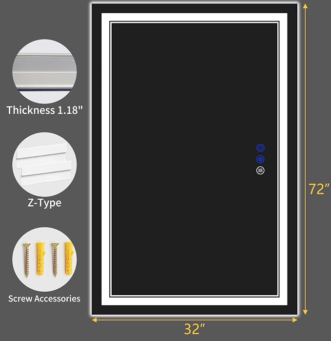 72"x32" LED Bathroom Mirror with Lights,Anti-Fog,3 Color Modes