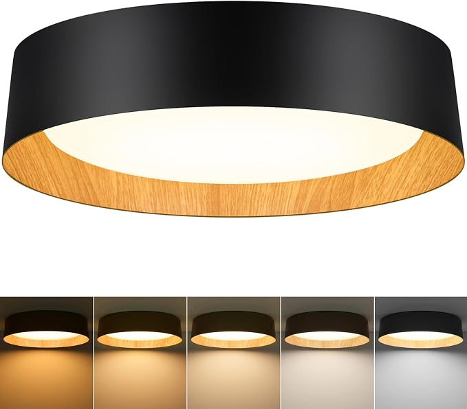Flush Mount Ceiling Light, 13in Modern Ceiling Light 5 Color Temperature | 30W Bathroom Ceiling Light Fixture, 3000LM Dimmable LED Flush Mount Light for Bedroom, Hallway, Kitchen, Black and Wood