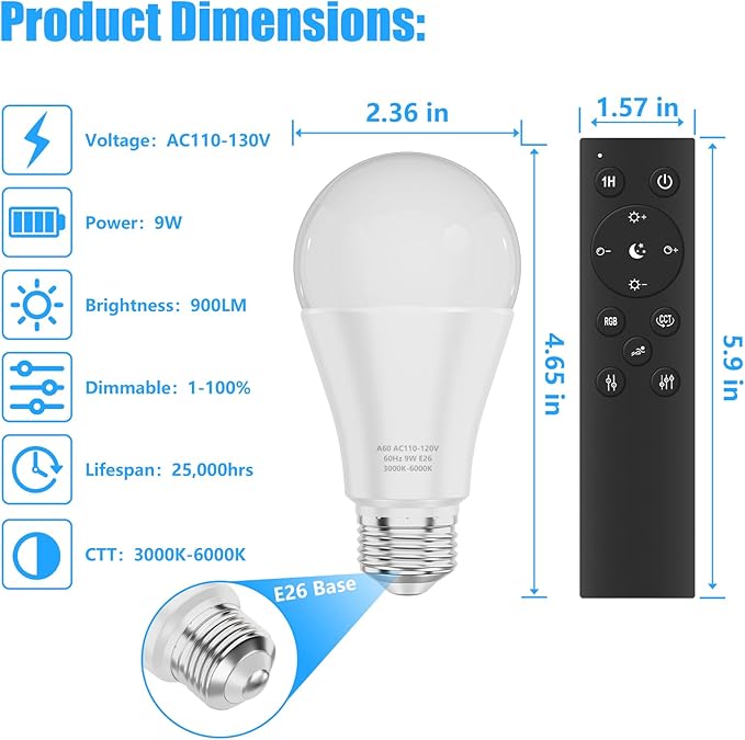 A19 LED Light Bulbs with Remote Control, 800LM 9W, 60W Equivalent LED Bulbs,Stepless Dimmable 3000K-6000K,E26 Base,CRI 80+,2.4GHz,25000+ Hours Lifespan,Light Bulb for Home Decor,2Bulb&2Remote