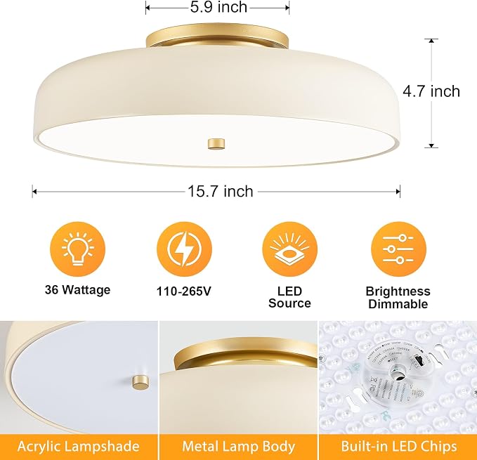 Dimmable LED Ceiling Light Fixture, Cream White, 5CCT, 15.7 Inch | Modern Mid-Century Semi Flush Mount Ceiling Light, Bedroom Close to Ceiling Lamp for Living Room, Kitchen