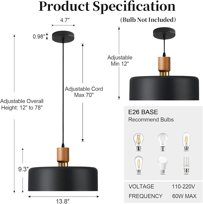 13.8" Black Pendant Light, Walnut Oak Wood & Brass Metal Drum Shade | Walnut Oak Wood & Brass Metal Drum Shade Pendant Light