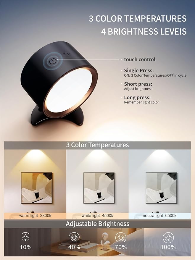 LANMEL LED Wall Mounted Lights,360° Rotating Rechargeable Wall Sconce Lamp | Black,3CCT,Dimmable,with Remote & Touch Control,USB Wireless Wall Lamp, Suitable for Study,Bedroom,and Bedside Reading