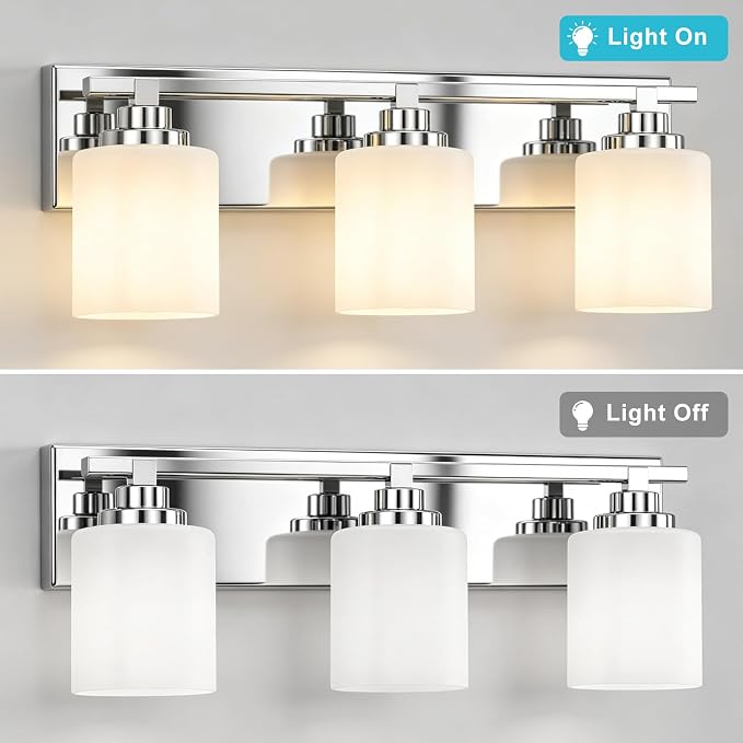 Modern Bathroom Lighting Fixtures Over Mirror, Vanity Lights for Bathroom, Wall Sconces with Milky White Glass Shades, E26 Ceramic Socket, 3-Light 19.7-inch Chrome