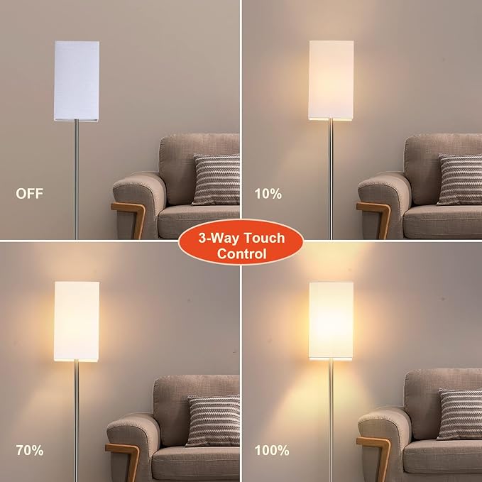 Floor Lamp, Marble Base, 3-Way Touch Control Dimmable, Linen Shade | Heavy marble base | Touch dimming | LED bulb included | Bedroom and living room lighting