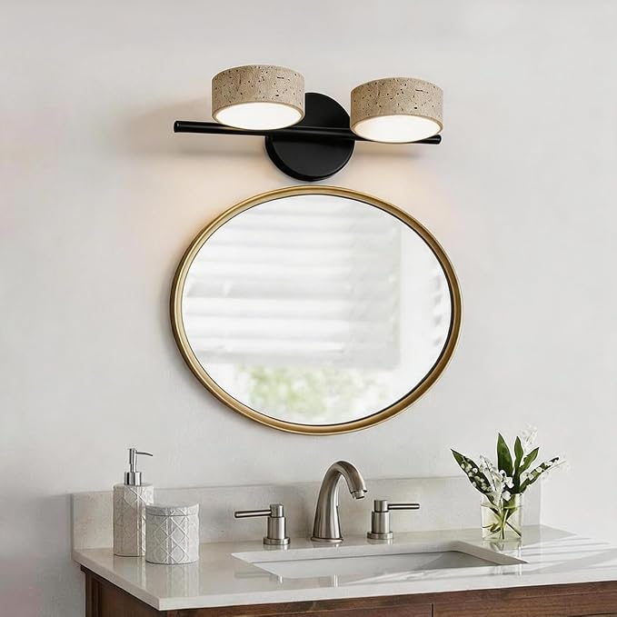 Led Bathroom Lighting Fixtures Over Mirror with 2 Travertine Shades,Vanity Lights Wall Lamp, 180° Rotatable Stone Lampshades Bathroom Lights, Modern Farmhouse Stone Sconces Black