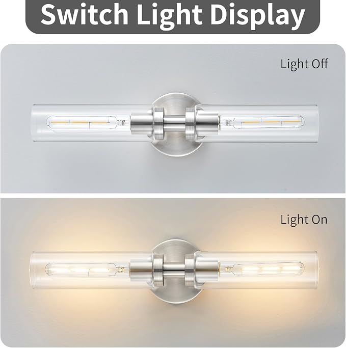 Lanhall 2 Light Bathroom Wall Sconces Set of 2,Modern Farmhouse Brushed Nickel Bathroom Light Fixture Over Mirror with Clear Glass Shade,Vanity Light for Hallway Cabinet Bedroom Stairway Porch