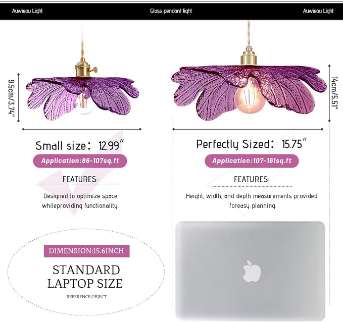 Purple Glass Pendant Light Fixtures 15.75" Large Flower Petal Ceiling Hanging Light Statement with Brushed Gold Base Mid Century Modern Chandelier for Kitchen Island Dining Room Living Room Foyer