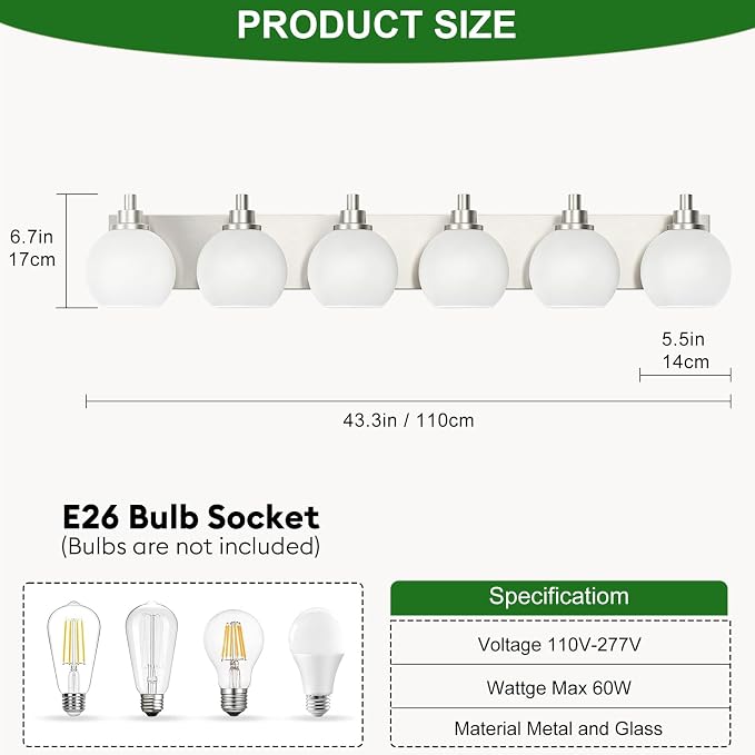 IZORRO Bathroom Light Fixtures, 6-Light Brushed Nickel Vanity Light, Modern Wall Sconces with Globe Milk White Glass Shade, Vanity Lighting Fixtures Over Mirror,E26 Bulb Socket
