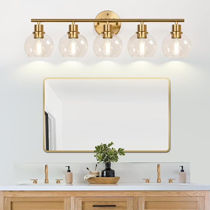 Indoi 5-Light Bathroom Light Fixture, Modern Brushed Gold Bathroom Lights Over Mirror with Clear Glass Globe Shades, Vanity Lighting Fixtures for Kitchen, Living Room, Hallway, Bedroom, Porch