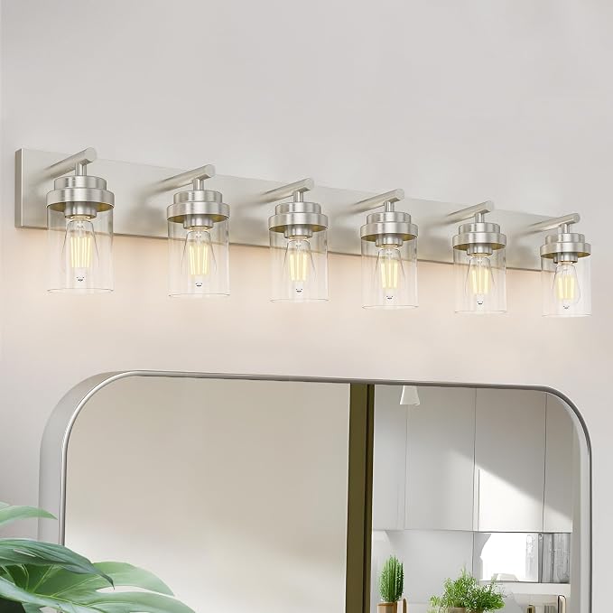 IZORRO Bathroom Vanity Light Fixture, 6-Light 46 Inch Brushed Nickel Bathroom Light Fixtures Over Mirror, with Clear Glass Shade, Modern Farmhouse Vanity Lights, Rustic Restroom Lighting Fixtures