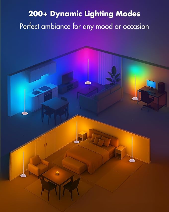 LED Corner Lamp, Smart RGB Floor Lamp for Living Room, Bedroom | 1200LM Dimmable with 16 Million Color Changing, Music Sync, APP & Remote Control, Standing LED Light for Gaming Room - Silver