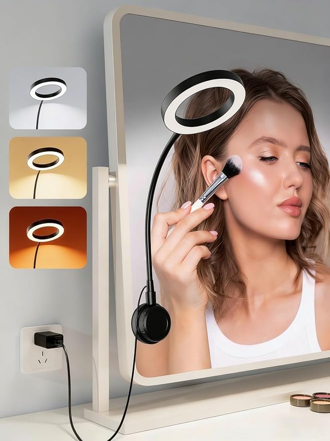 Suction Cup LED Vantiy Lights for Mirror, Flexible Gooseneck Stick on Selfie Ring Light for Makeup Vanity Table & Bathroom Mirror, 3 Color Modes & 10 Brightness, Plug in,3.54inch, Black