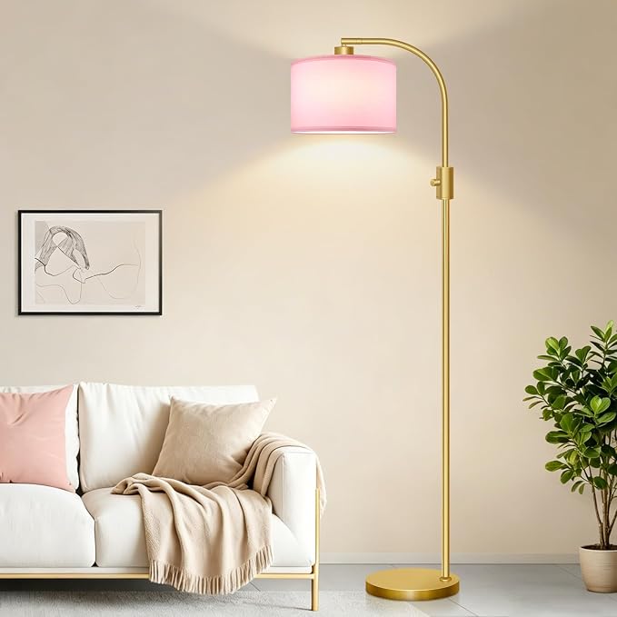 Nintiue Dimmable Floor Lamp, 1200 Lumens LED Edison Bulb Included, Arc Gold Floor Lamps for Living Room Modern Standing Lamp with Pink Linen Shade