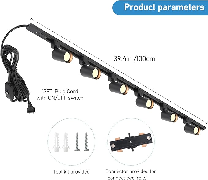 Plug in Track Lighting with Power Cord, 6-Light LED Track Lighting Kit with Track Rail, Modern Kitchen GU10 Track Lighting Fixtures Plug in Ceiling Light with 13FT Plug Cord, Black (No Bulbs)