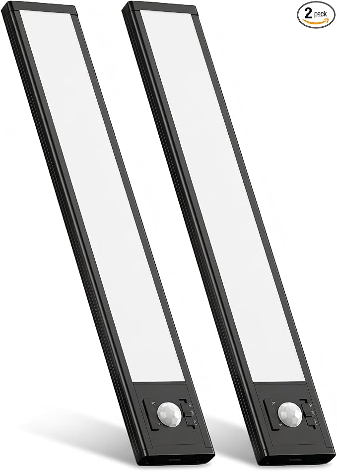 2Pack Under Cabinet Lighting Rechargeable -10" Ultra-Thin Black 3 Color Temps Super Bright, Motion Sensor, Long Lasting - Easy Installation Magnetic Under Closet Lights