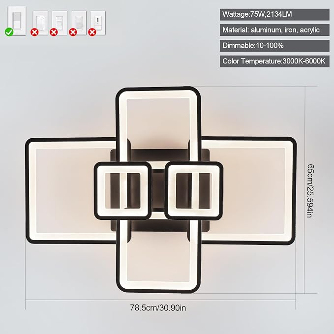 Modern LED Ceiling Light 31" 75W 2134LM Ceiling Light for Bedroom | 3000-6500K Remote Control APP Adjustable Color Temperature Brightness Memory Function Night Light Living Room Kitchen Timer
