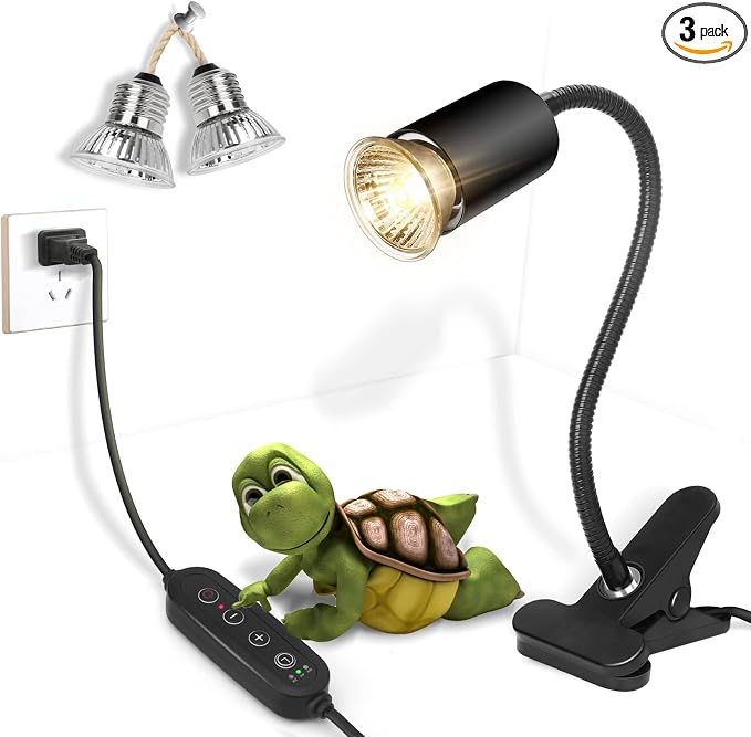 Timed Reptile Heat Lamp with Clamp, Adjustable UVA/UVB Basking Light, 360° Rotatable Clip and Power Adapter for Aquarium (Bulb Included)