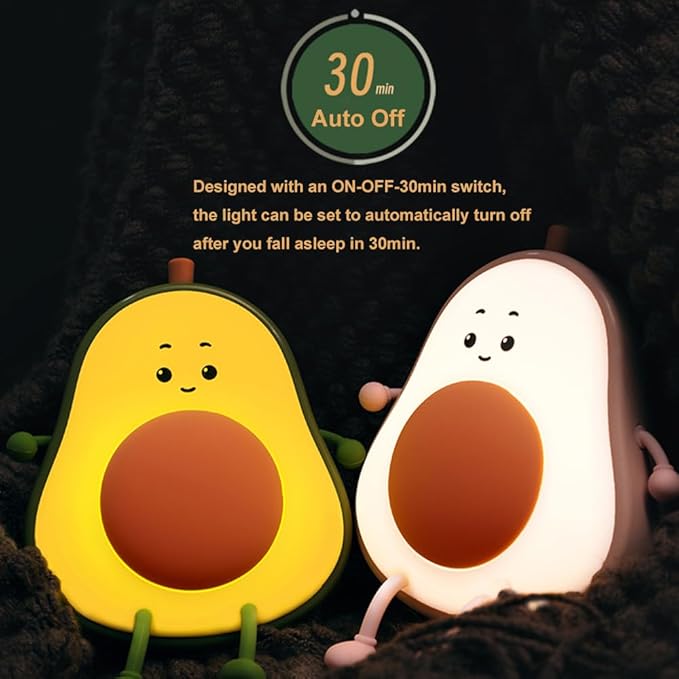 Avocado Night Light, Fruit Night Lamp for Kids Bedroom USB Rechargeable Lamps 3 Brightness Levels, Nursery Bedside Delay-Off Nightlight for Baby Toddler Boys Girls Birthday Christmas, Green