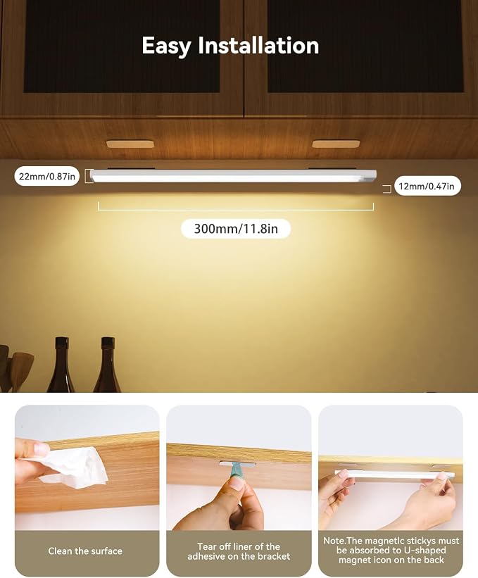 12-in Under Cabinet Lighting Rechargeable with Charge Station, 12Pack | Motion Sensor Light Indoor 3 Color Dimmable Closet Light,USB Stick LED Magnetic Under Counter Lights for Kitchen Stair