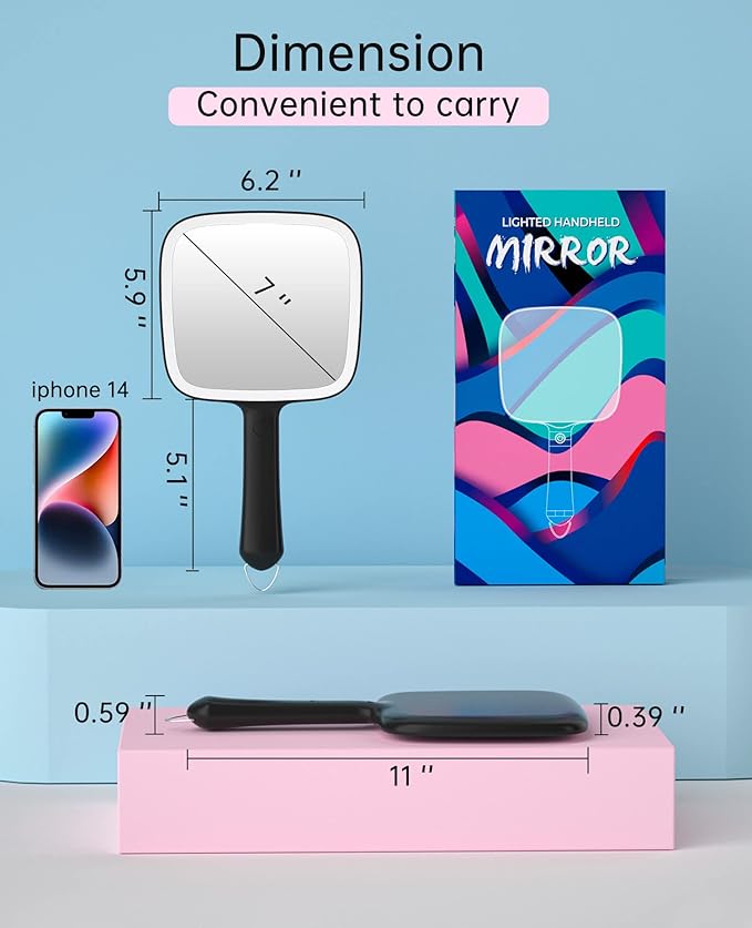 Famihomii Hand Mirror with 3 Light Color & Dimmable, Lighted Handheld Mirror, Lightweight & Durable, Portable & Hangable for Makeup Application, Hair Styling, Shaving, Battery Operated