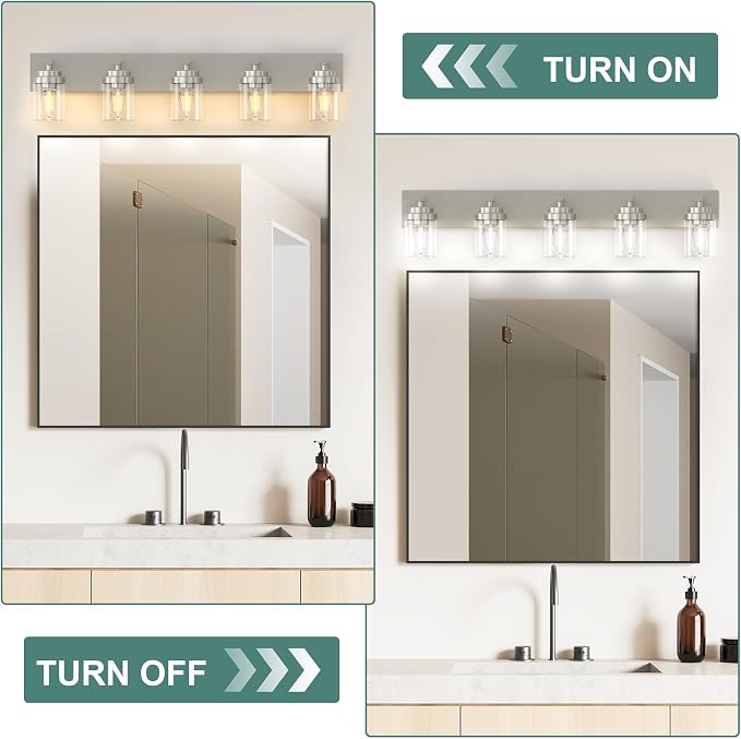 IZORRO Bathroom Vanity Light Fixture, 5-Light 36 Inch Brushed Nickel Bathroom Light Fixtures Over Mirror, with Clear Glass Shade, Modern Farmhouse Vanity Lights, Rustic Restroom Lighting Fixtures