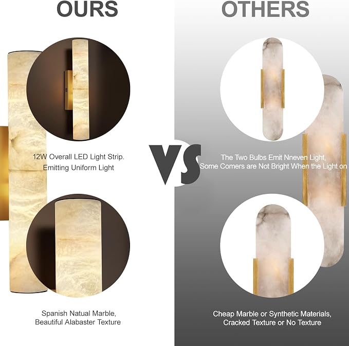 20" Brass Alabaster Wall Sconce , Tube Marble Vanity Light for Bathroom | Spanish Natural Alabaster, Gold, 3000K Warm White Light, Stone, Hardwired, Dimmable, for Living Room/Entryway/Bedroom, 1PC