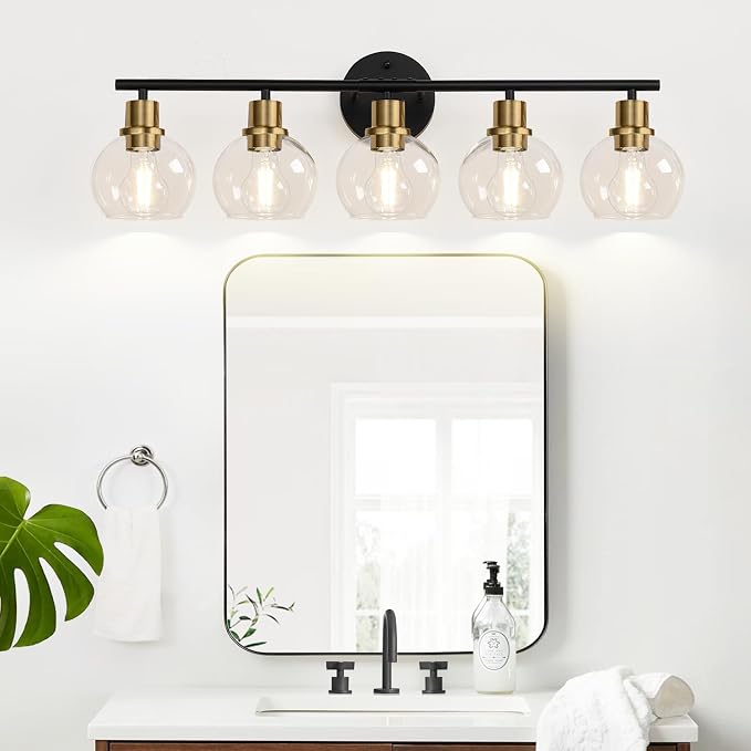 5-Light Bathroom Vanity Light, Black and Gold Bathroom Light Fixtures with Clear Glass Globe Shades, Modern Vanity Lighting Over Mirror for Bathroom, Kitchen, Living Room, Hallway, Bedroom, Porch