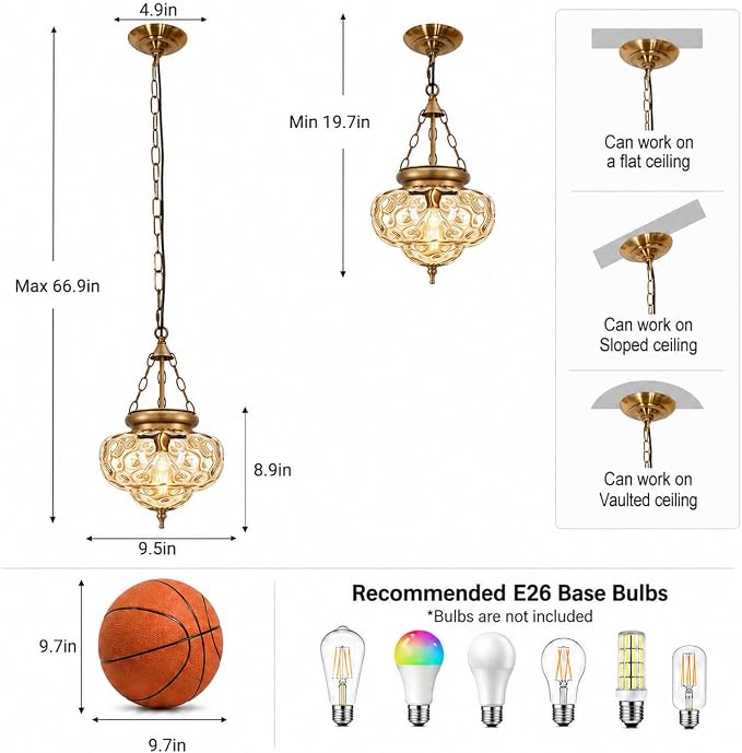 Vintage Brushed Antique Brass Pendant Light for Kitchen Island, Handblown Textured Amber Hammered Glass Hanging Light Fixture, Adjustable Height E26 Pendant Lighting for Dining Room Entryway Hallway