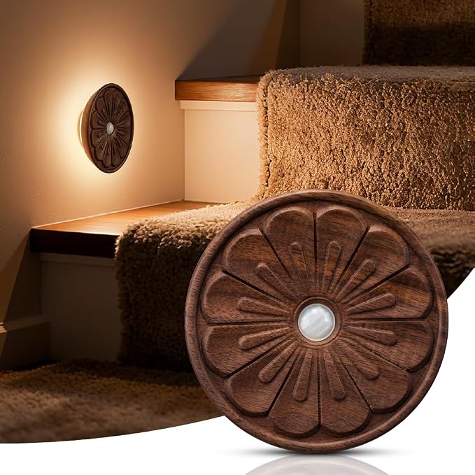 Wood Flower Night Light, Rechargeable Motion Sensor Light | 3D Flower Surface, USB-C Rechargeable, Backlit Warm Light, Magnetic Light for Stair, Home Decor Lighting, Black Walnut