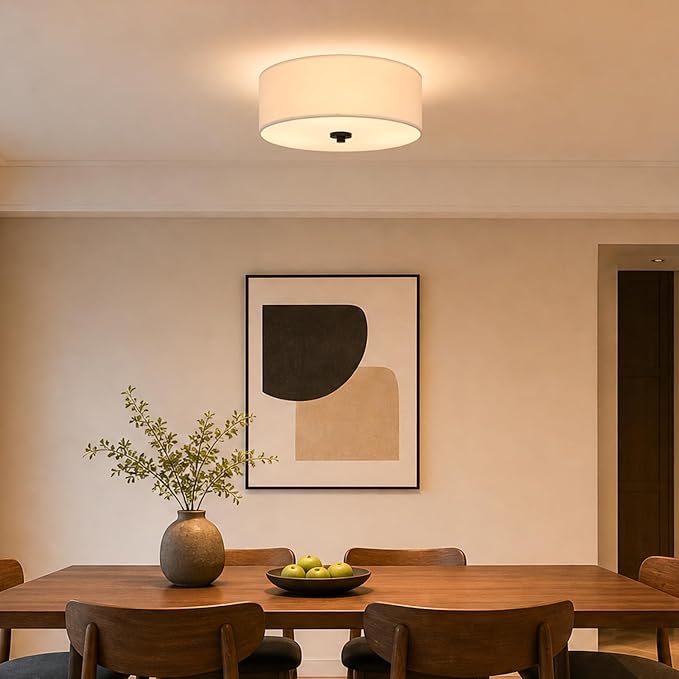16" Semi Flush Mount Ceiling Light,E26 3-Light,White Drum,Modern | Close to Ceiling Light with White fabric shade,Great for Living Room,Dining Rooms,Bedroom,Kitchen, Bulbs NOT Included