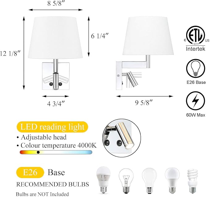 XiNBEi Lighting Wall Sconce with LED Reading Light for Living Room, Chrome | Bedroom Wall Lamp, White Fabric Shade & On/Off Switch, Wall Mounted Reading Lights, For Bedside Office & Hotel