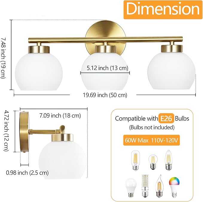3 Light Bathroom Vanity Light, 20" Brushed Gold Bathroom Light Fixtures Over Mirror with Milky White Glass Globe Shade, Mid Century Modern Brass Wall Sconces, E26 Socket