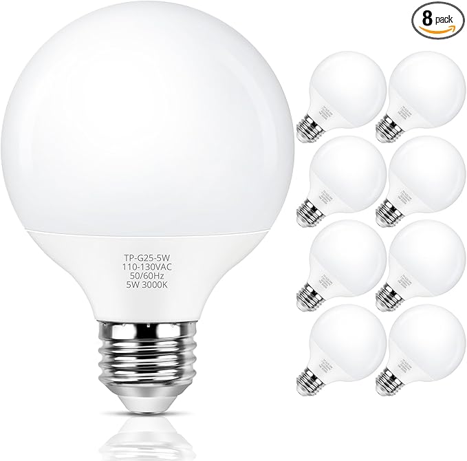 MAXvolador G25 LED Globe Light Bulb 60W Equivalent, Soft White 3000K E26 Vanity Round Bulbs for Bathroom Makeup Mirror, Non-Dimmable 500LM, 8-Pack