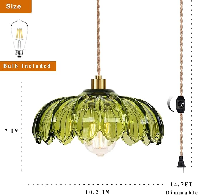 Plug in Pendant Light Hanging Lights with Plug in Cord Boho Hanging Lamp Glass Gold Mid Century Modern Vintage Dimmable Green Flower Plug in Chandelier Ceiling Fixture for Living Room,Kitchen