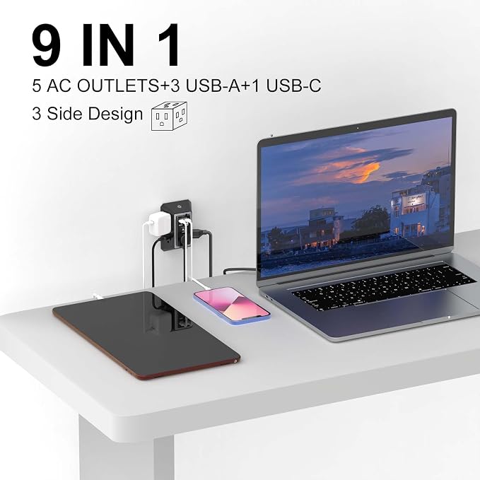 3-Sided Surge Protector Power Strip - QINLIANF Multi Plug Outlet with 5 Outlet Extender and 4 USB Ports(1 USB-C) and Night Light, USB Wall Charger for Home, Office, Travel, ETL Listed, Black