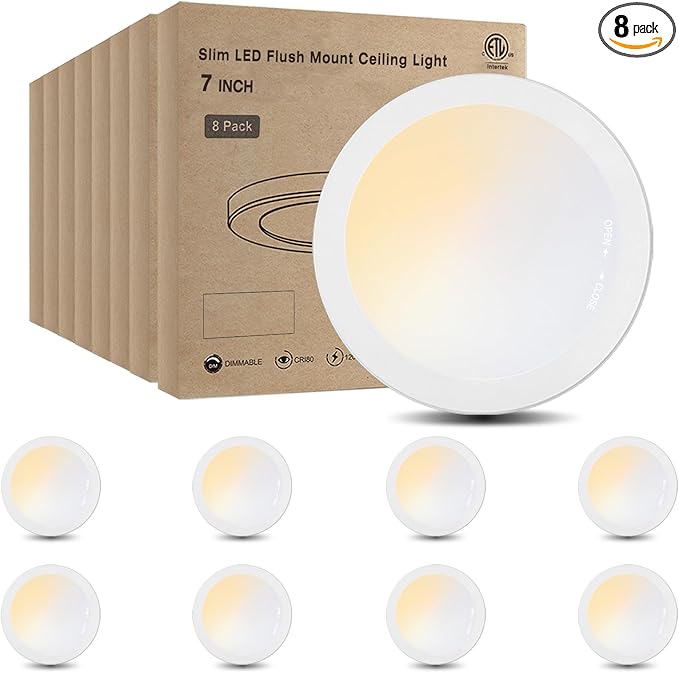 ETL Certified 7 inch Ceiling Light Dimmable Ultra-Slim Round LED Ceiling Lights Flush Mount 2700K/3000K/3500K/4000K/5000K 7'' Flat Ceiling Lamp Fixtures 5CCT 8 Pack