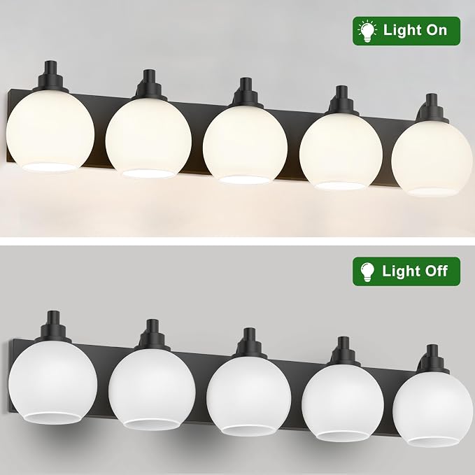 IZORRO Bathroom Light Fixtures, 5-Light Matte Black Vanity Light, Modern Wall Sconces with Globe Milk White Glass Shade, Vanity Lighting Fixtures Over Mirror,E26 Bulb Socket