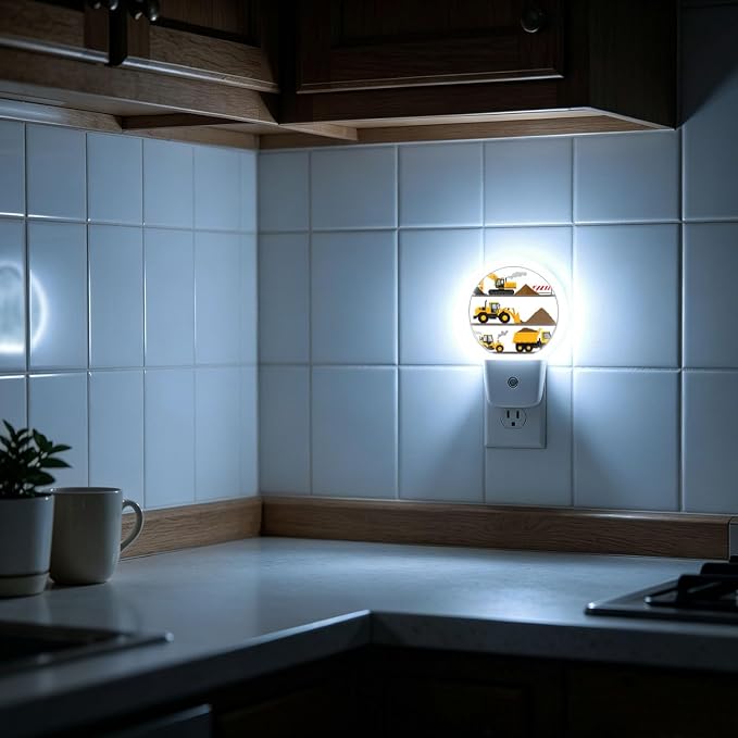 Nightlight Construction Yellow Cartoon Plug-in Night Lights Dusk to Dawn | Excavator Digger Night Light LED Round Lamp with Auto on/off Sensor for Kitchen Hallway Bedroom Bathroom