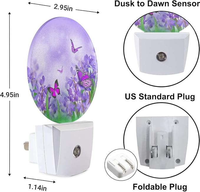 Flower Butterflies Night Light Purple Spring Crocuses Flowers Garden Butterfly LED Dusk to Dawn Plug-in Nightlight Auto Sensor for Bedroom Bathroom Hallway Living Room