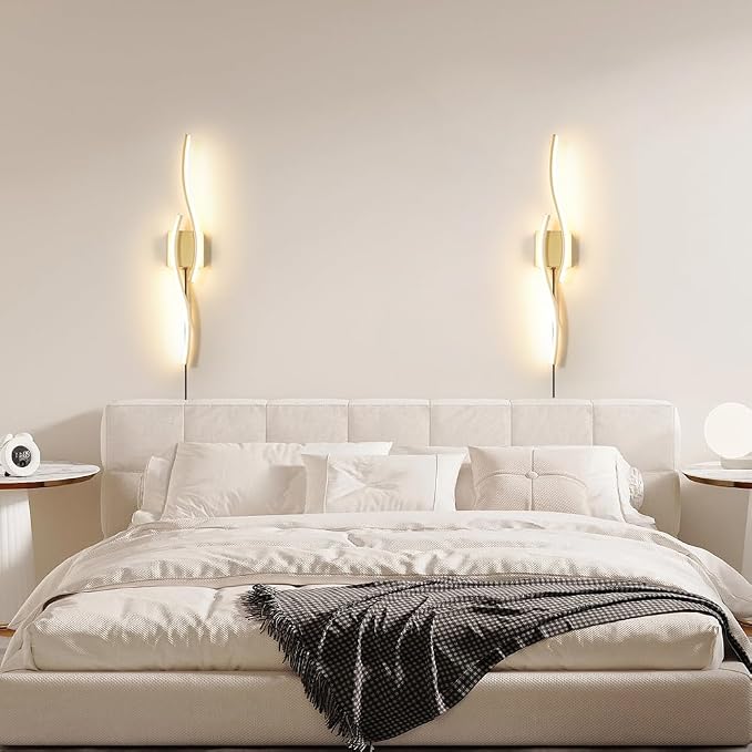 Daunton Modern Gold Plug in Wall Sconce Set of 2, Indoor Dimmable Light Fixture with Plug in Cord for Living Room, LED Sconces Lighting with Remote Control, Wall Lighting Decor for Hallway Bedroom
