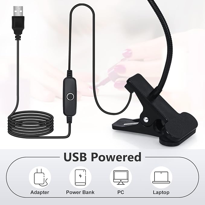 UV Nail Lamp - UV Light for Gel Nails, Flash Cure Lamp | LED Gooseneck Flash Cure Lamp for Nails, Manicure Dryer Black Light with Clamp, 365+395nm 5V 3W 4 Levels Dimming Black